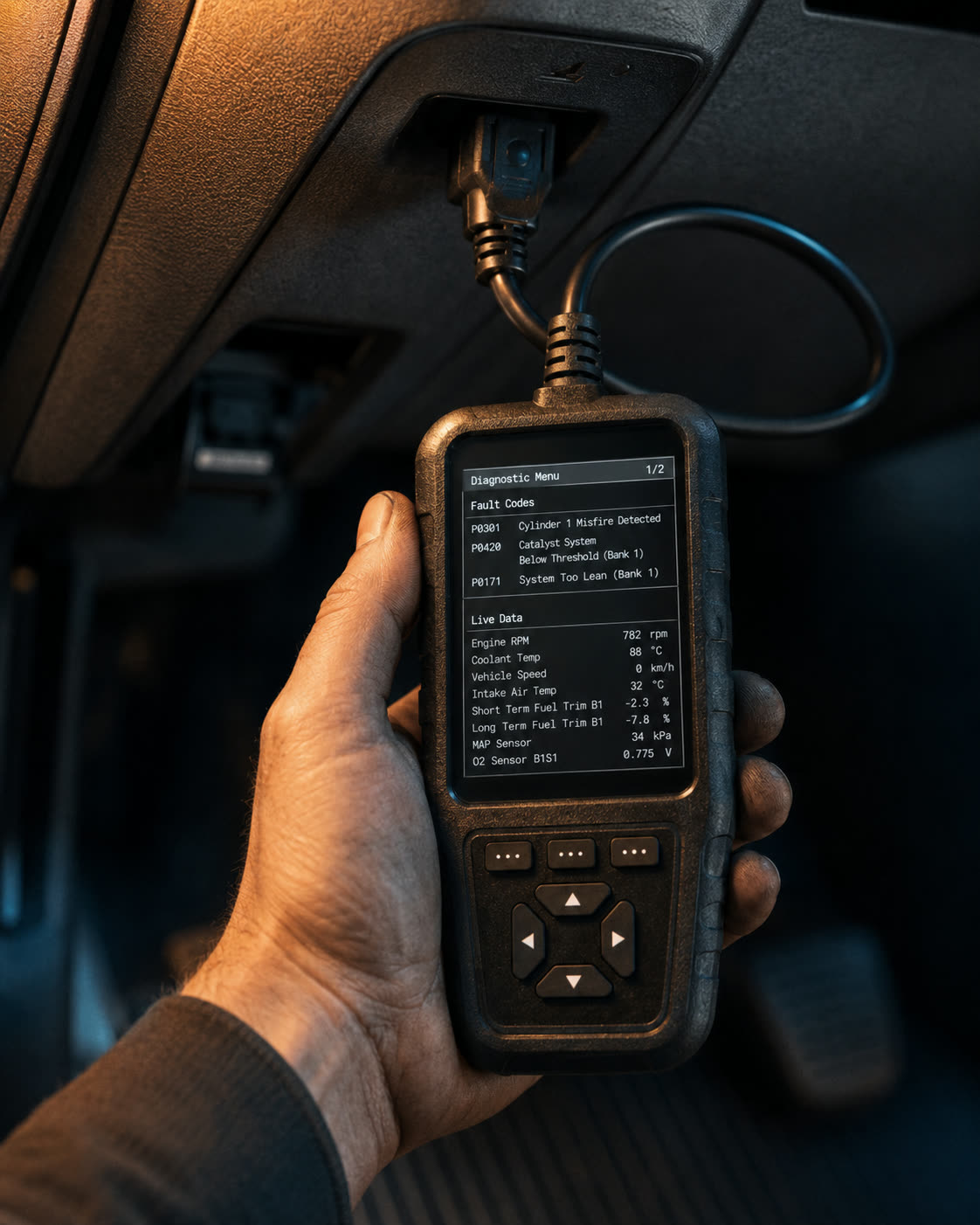 Mecánico de Megacar Tijuana usando un scanner de diagnóstico automotriz